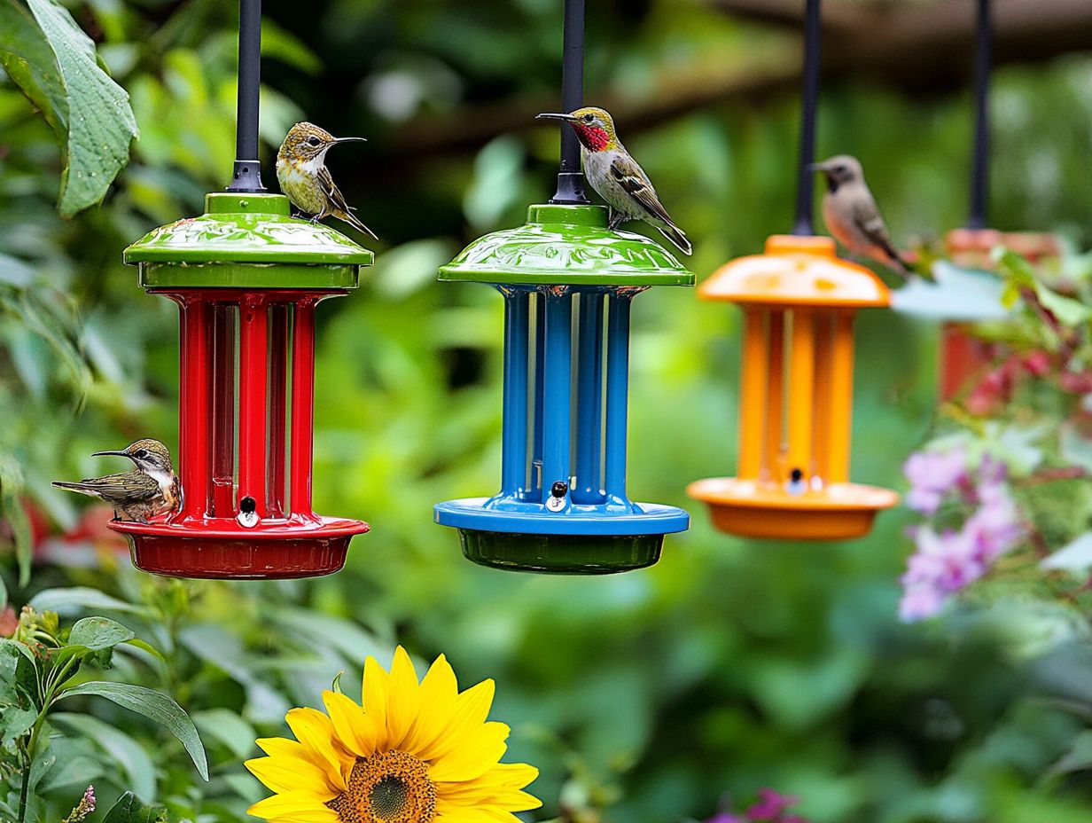 Colorful bird feeders attracting birds