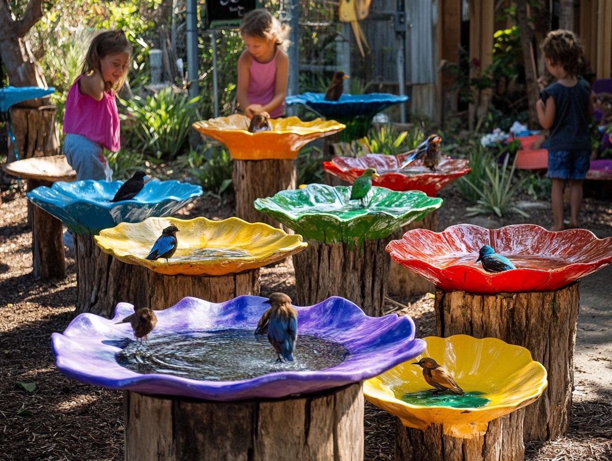 A colorful flower pot bird bath attracting cheerful birds