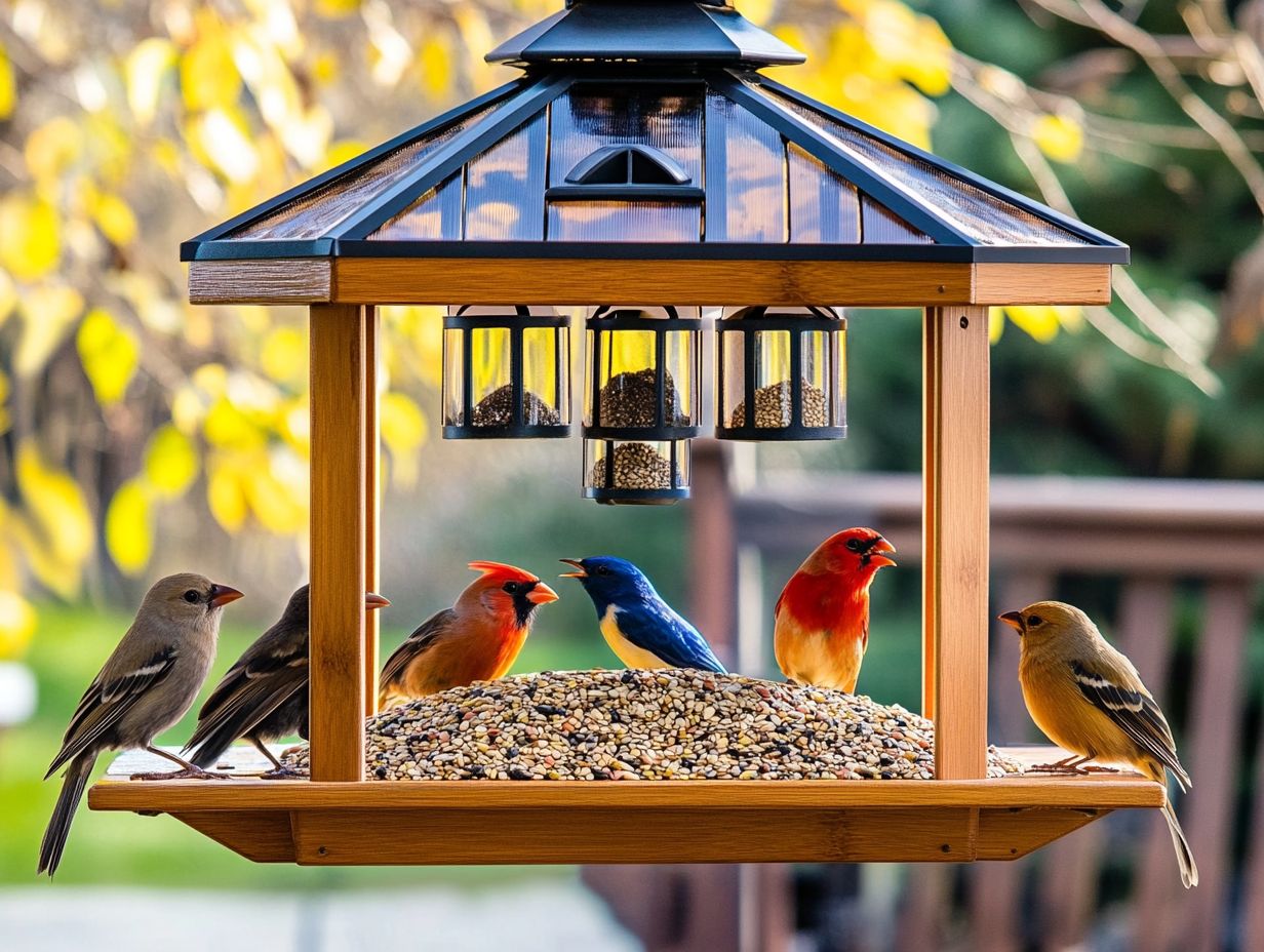 Various types of bird feeders for attracting diverse bird species.