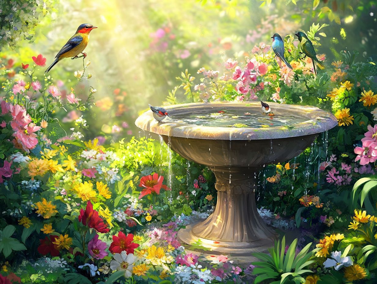 Colorful plants surrounding a bird bath