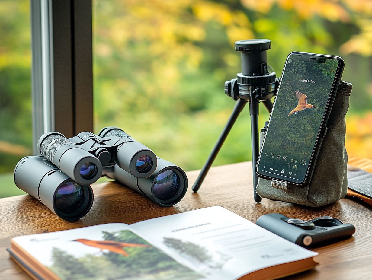 A collection of birding photography accessories, including lenses and cleaning kits