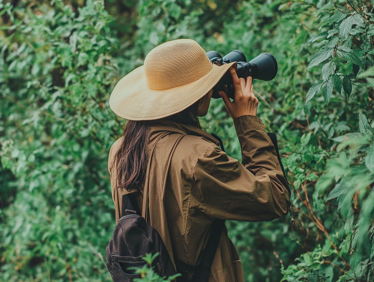 A birder dressed for the summer season in lightweight clothing