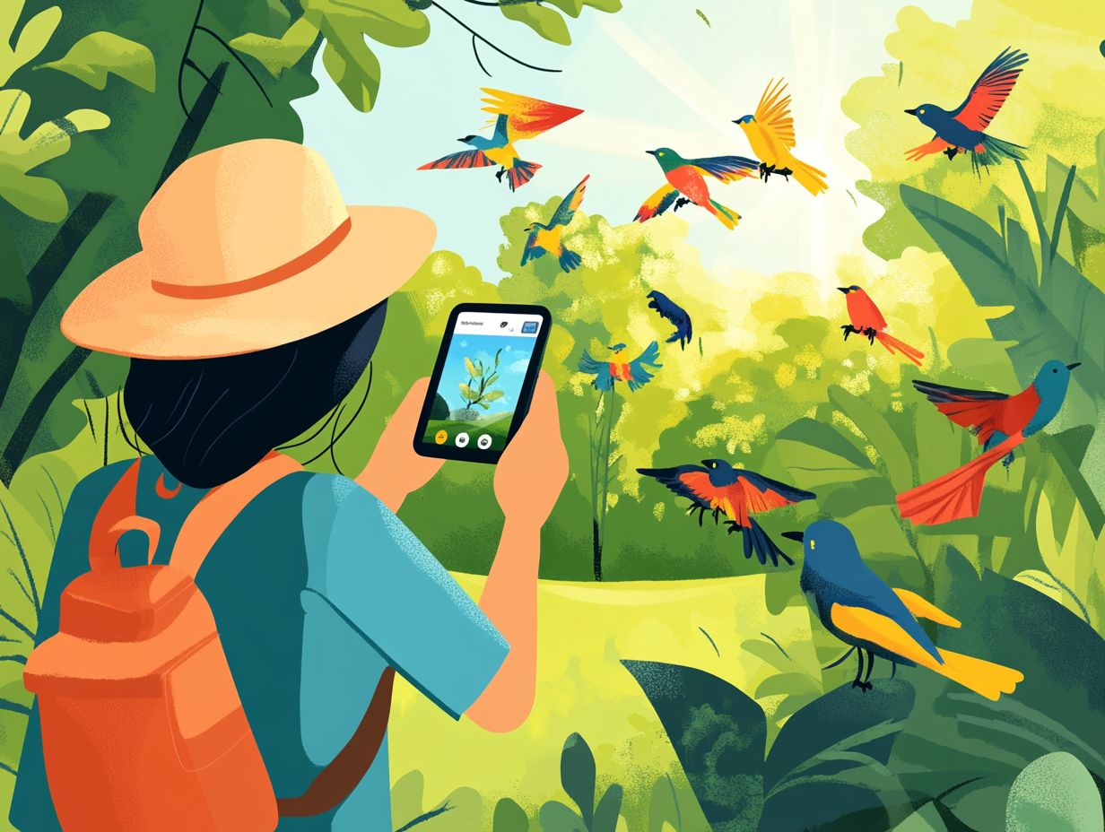 Illustration of birding apps in use.