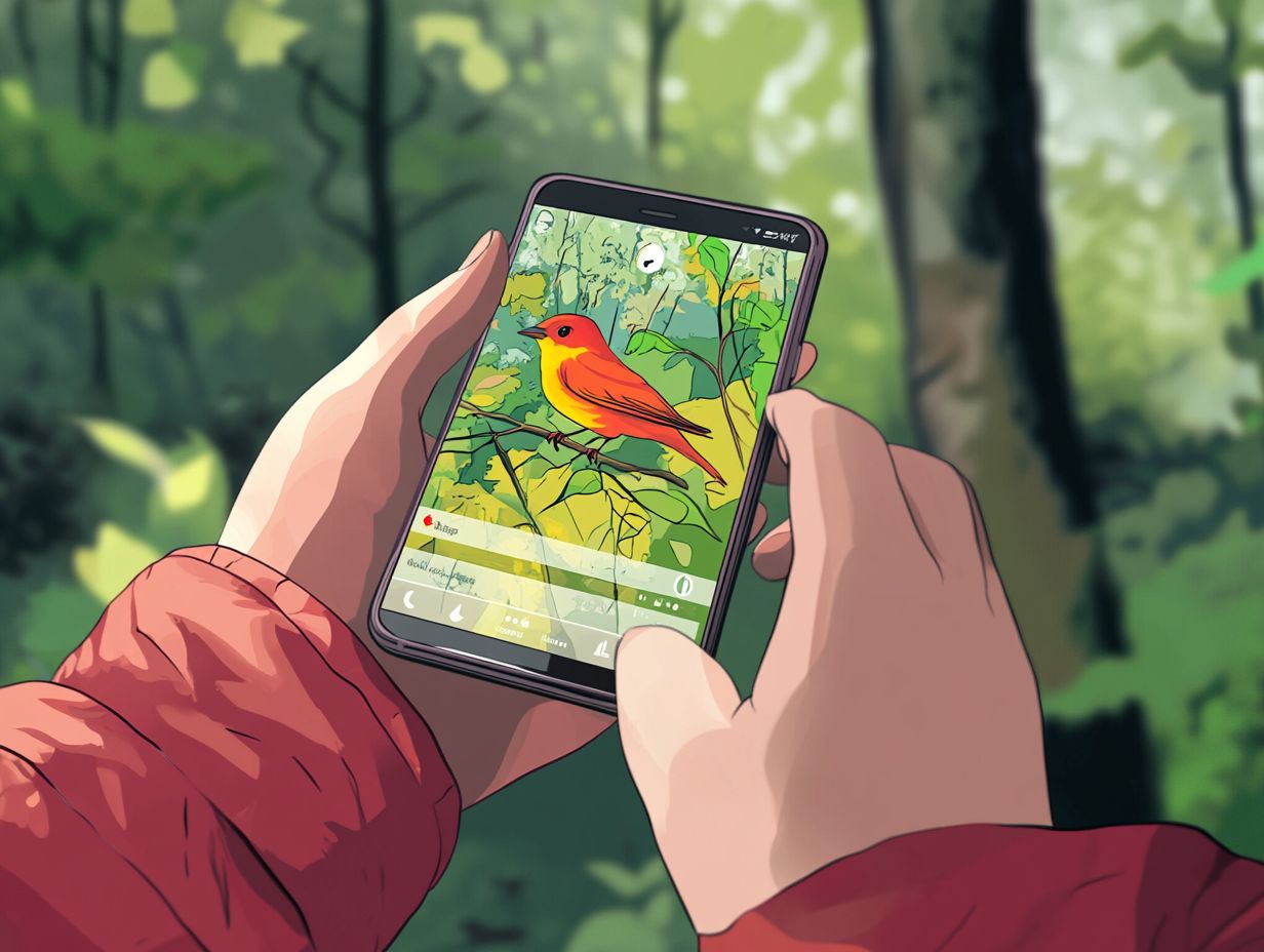 Illustration showing benefits of birding apps with interactive features.