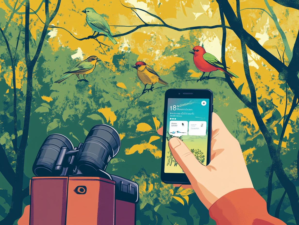 Illustration of key birdwatching tools and apps