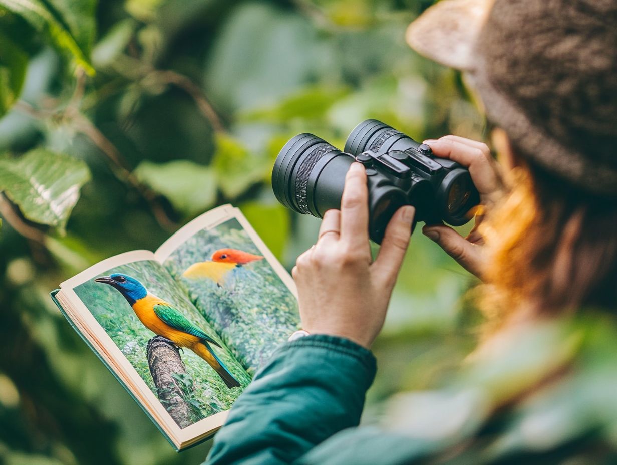 A birder using lightweight binoculars in a natural setting