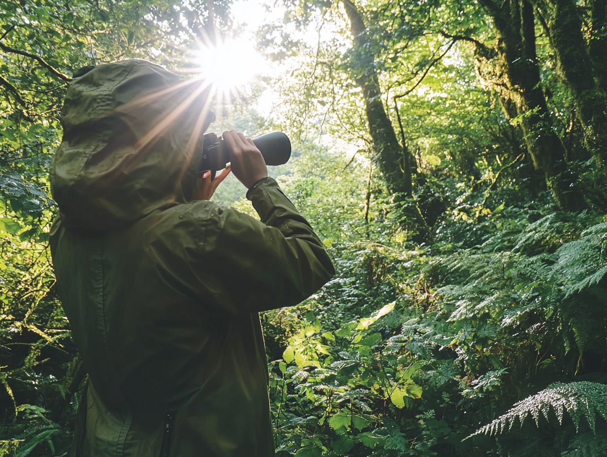 A person wearing a birdwatching jacket in nature, suitable for varying weather conditions.