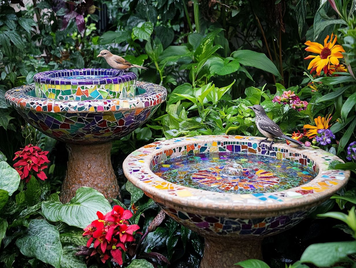 Colorful mosaic tile bird bath surrounded by greenery