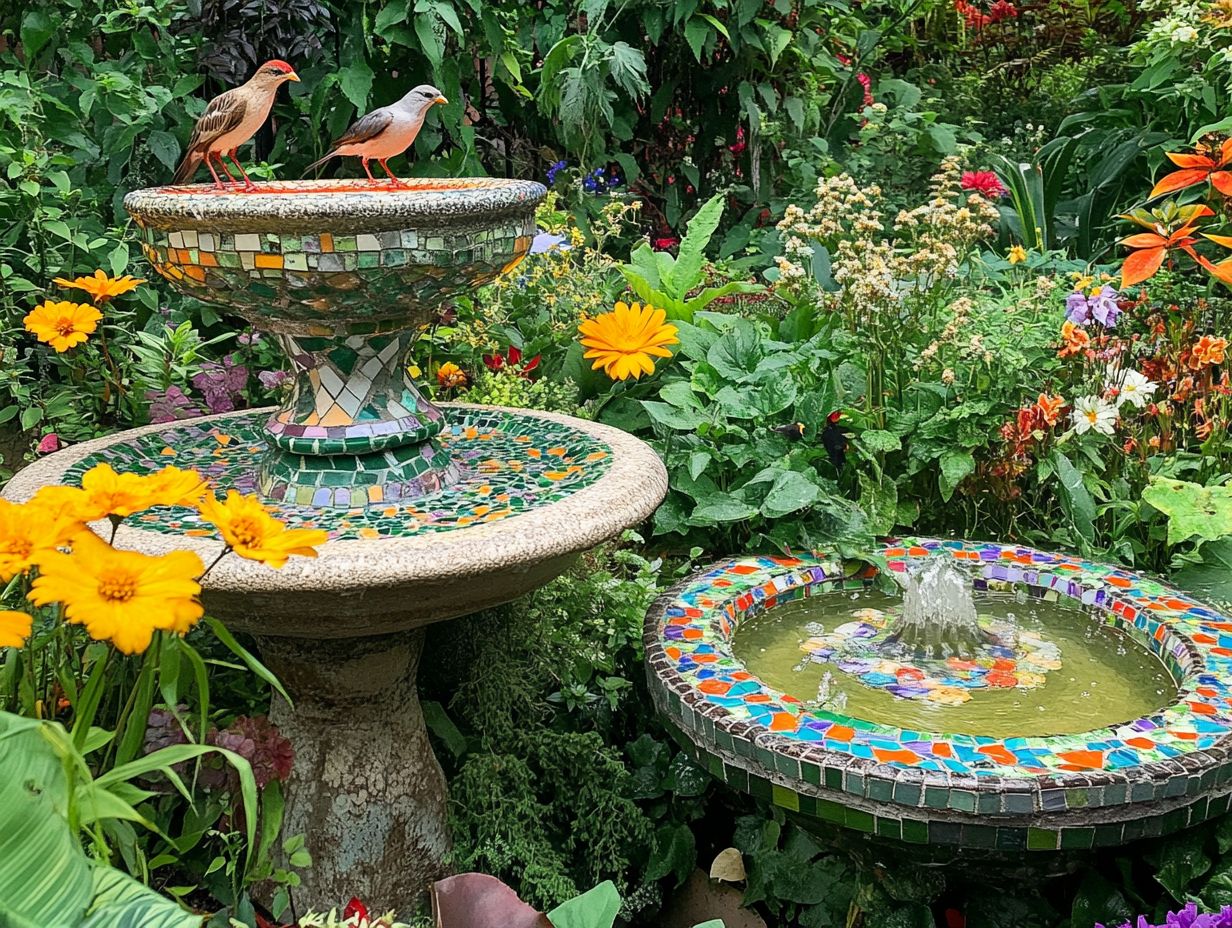 A decorative concrete leaf bird bath in a garden setting