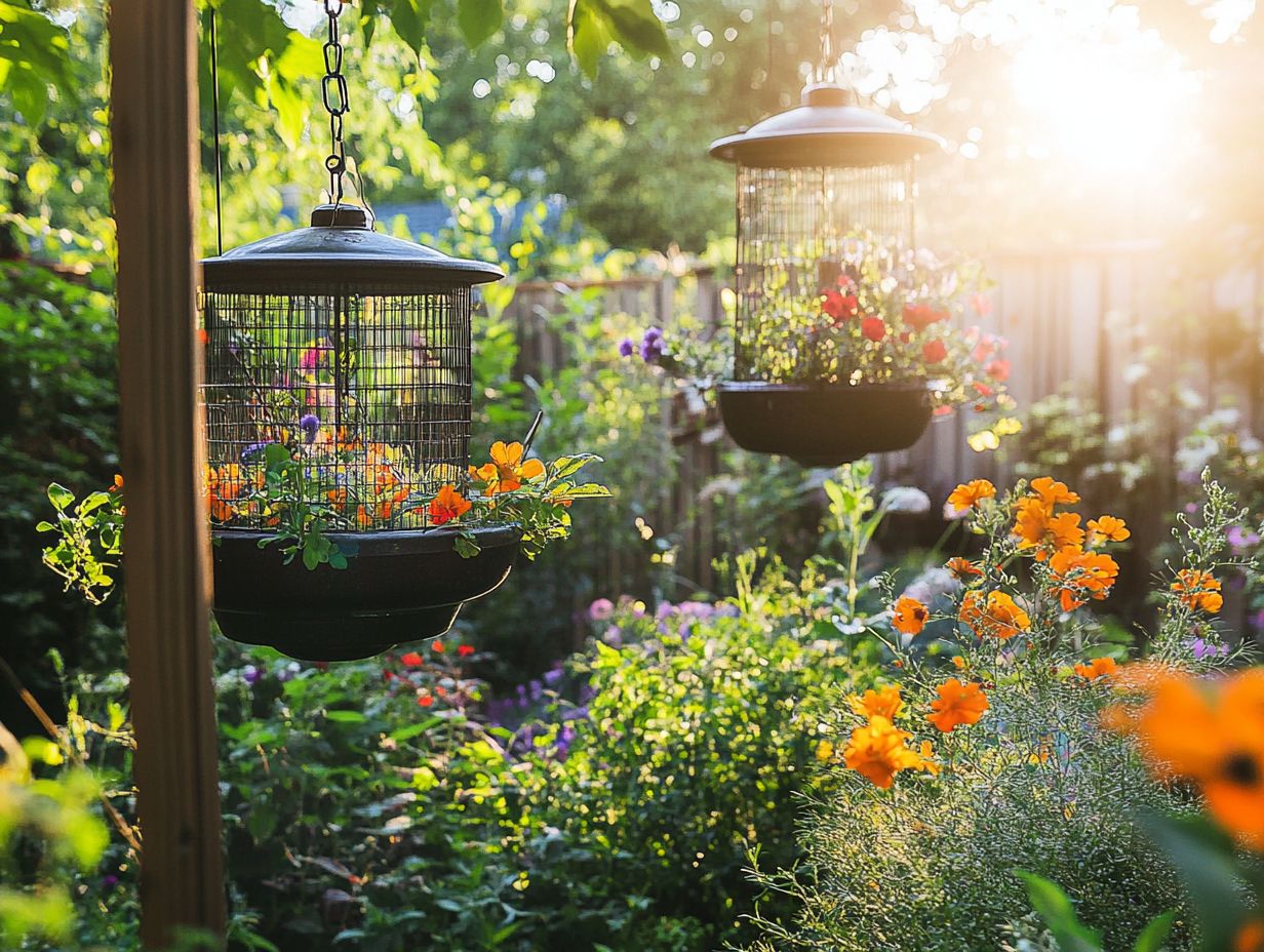 Hanging basket made from repurposed bird feeder, colanders, and fabric scraps.