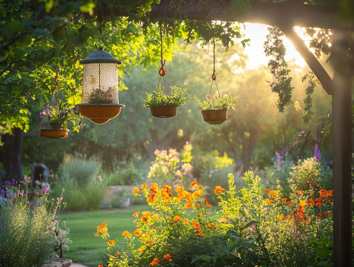 A beautifully crafted hanging lantern made from recycled materials illuminating a garden space.