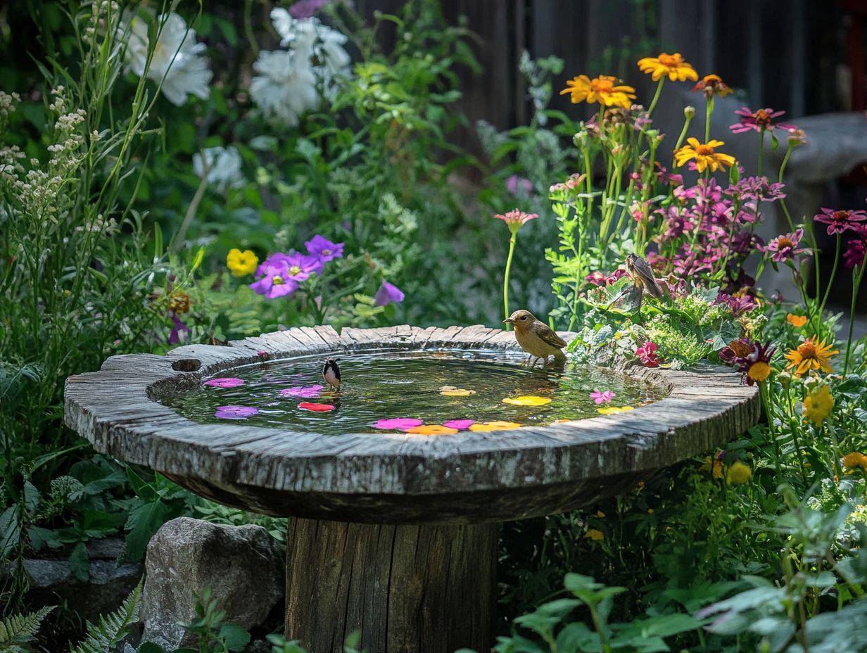 A creatively repurposed sink bird bath in a vibrant garden setting.