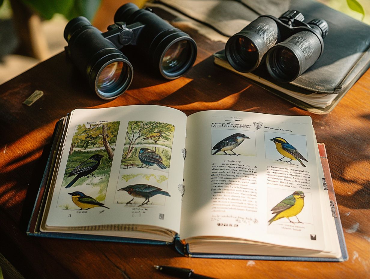 A person using a field guide to identify bird species and their habitats in nature.