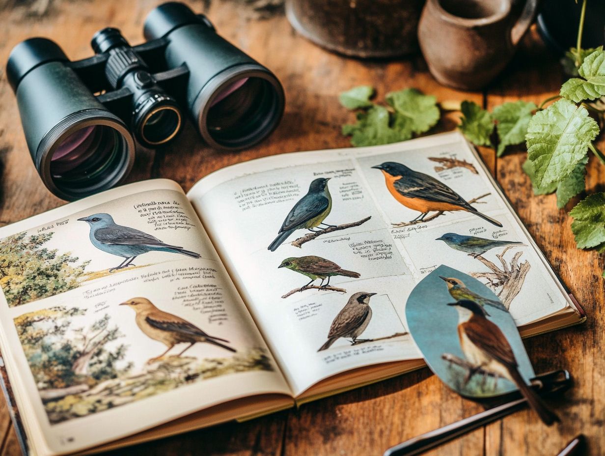 Illustration of a field guide covering various bird species.