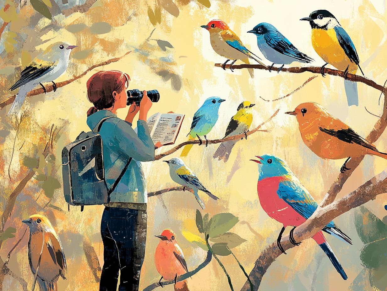 Illustration depicting various field guides for birdwatchers.