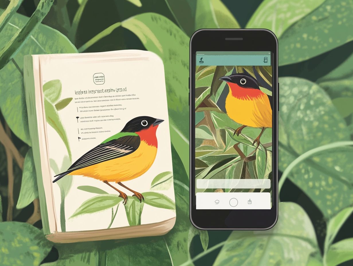 Illustration showing the comparison between field guides and birding apps.