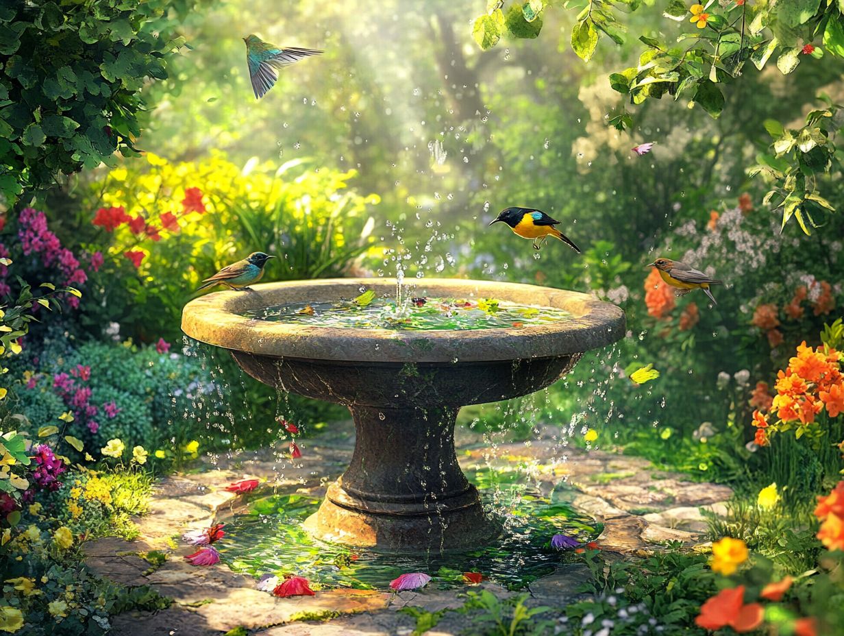 Illustration depicting birds using a bird bath