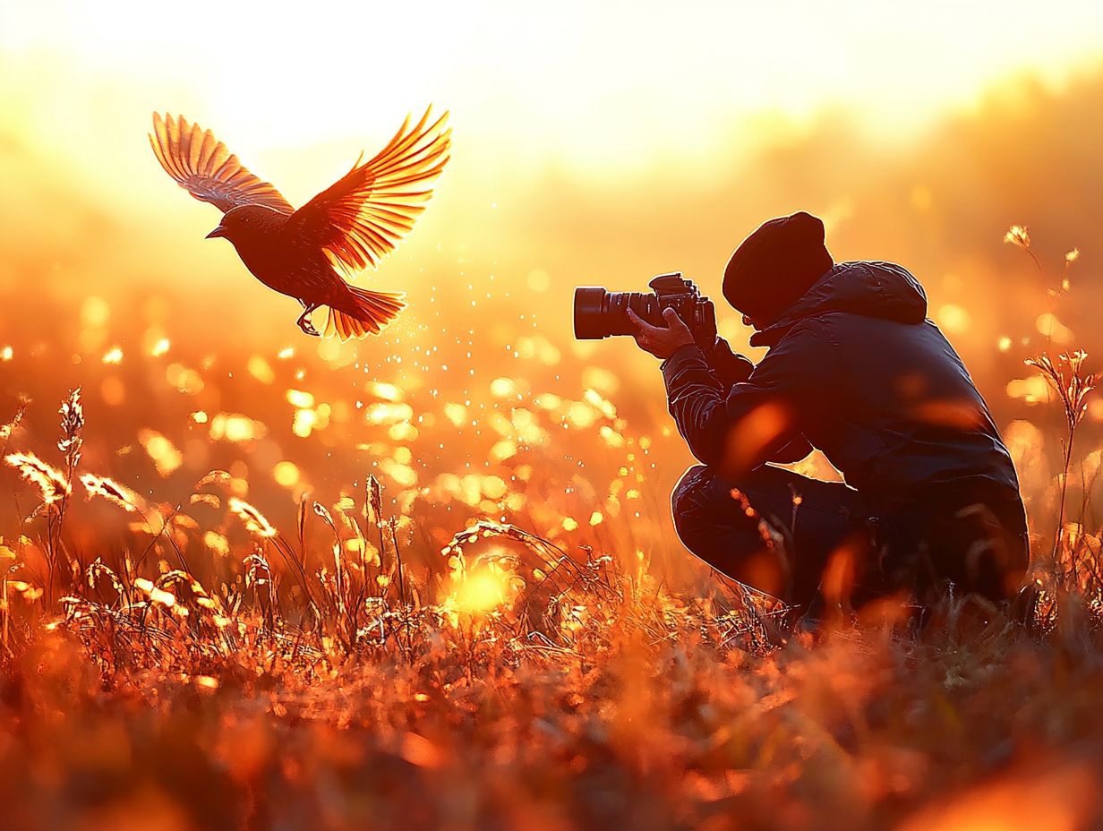 A serene scene of a birdwatcher capturing action shots in nature.