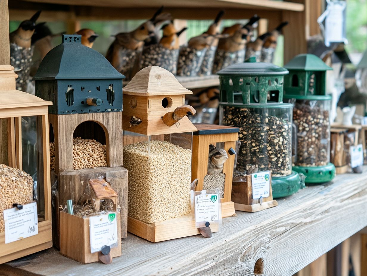 A variety of suet feeders hanging in a garden