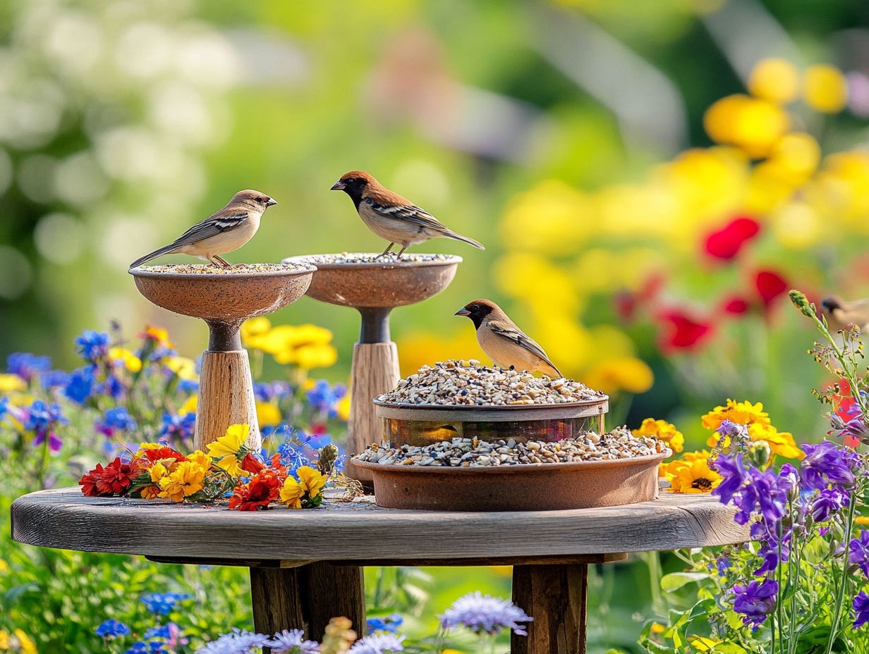 Colorful tube feeders filled with seeds, attracting small birds