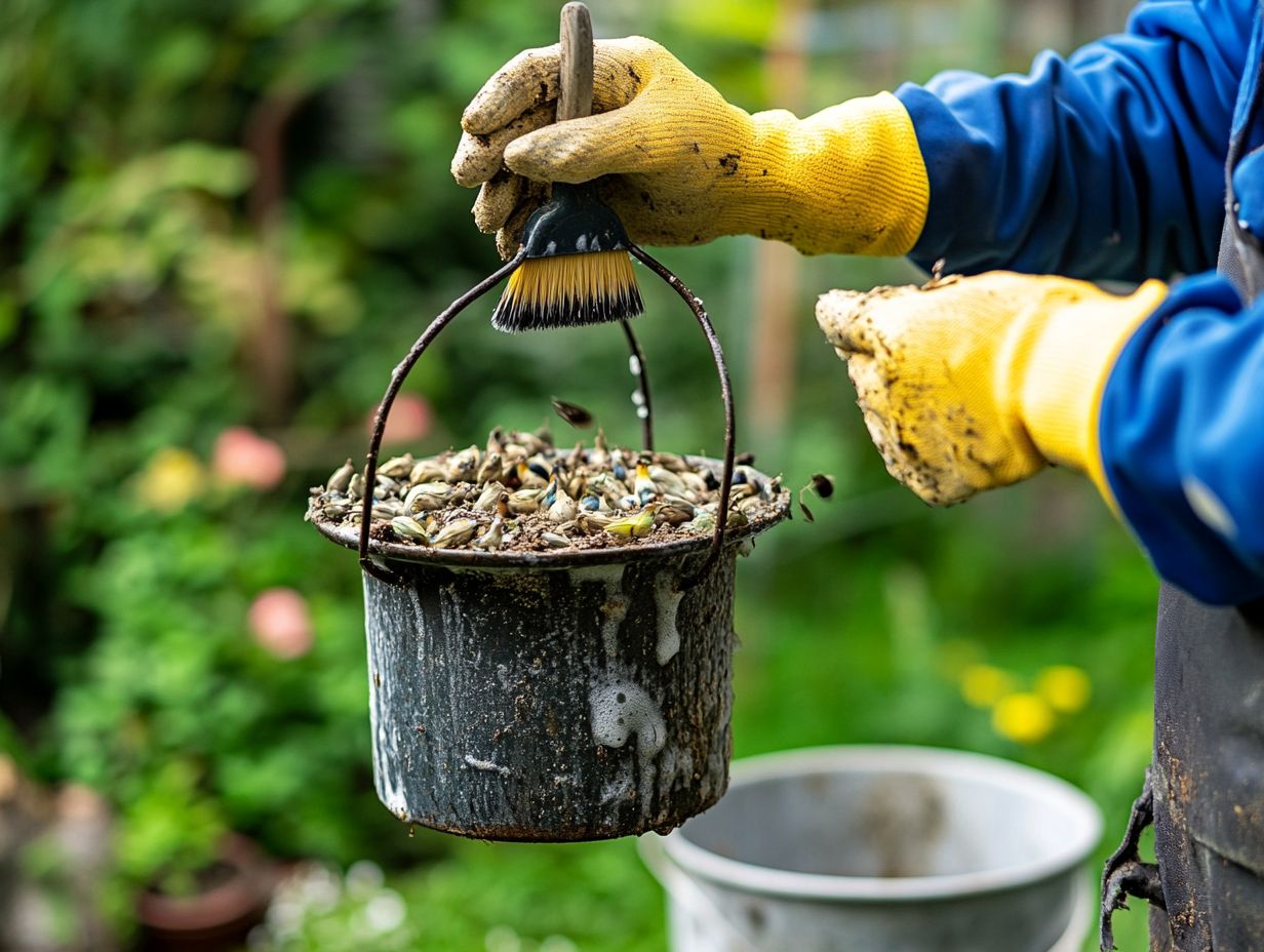 Illustration of the step-by-step process to clean a bird feeder