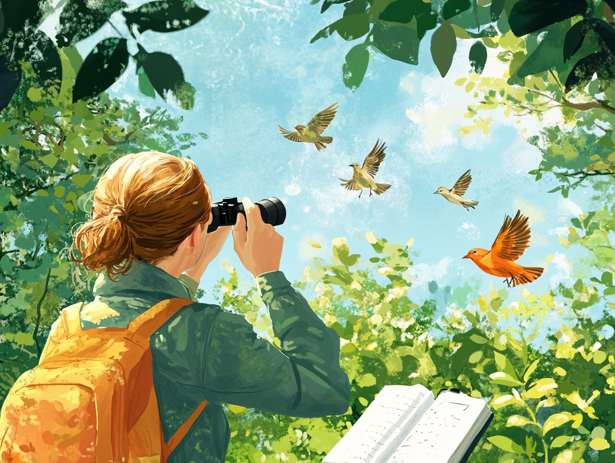 A selection of essential birdwatching equipment including binoculars and bird guides.