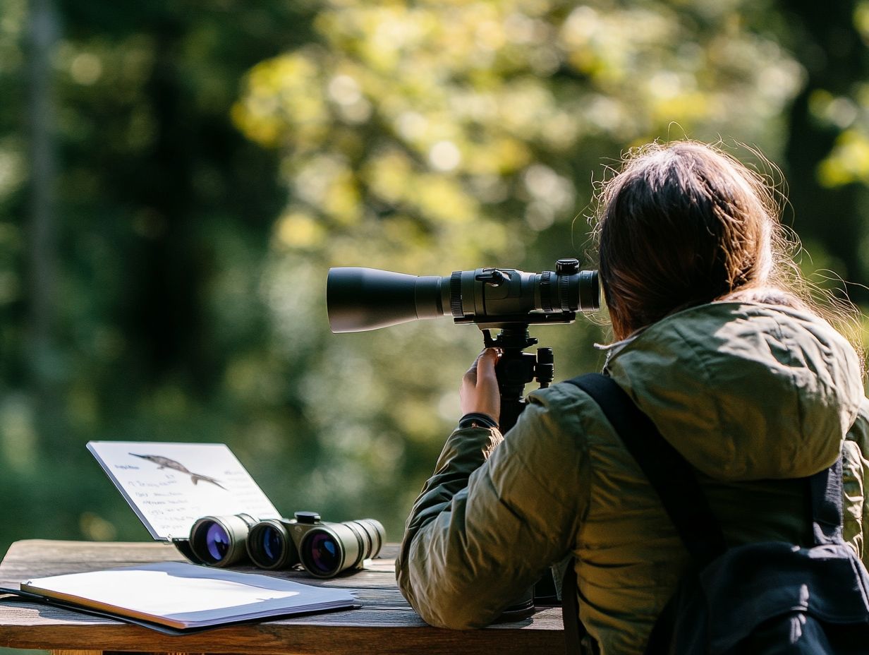 Birdwatcher using a spotting scope for accurate identification