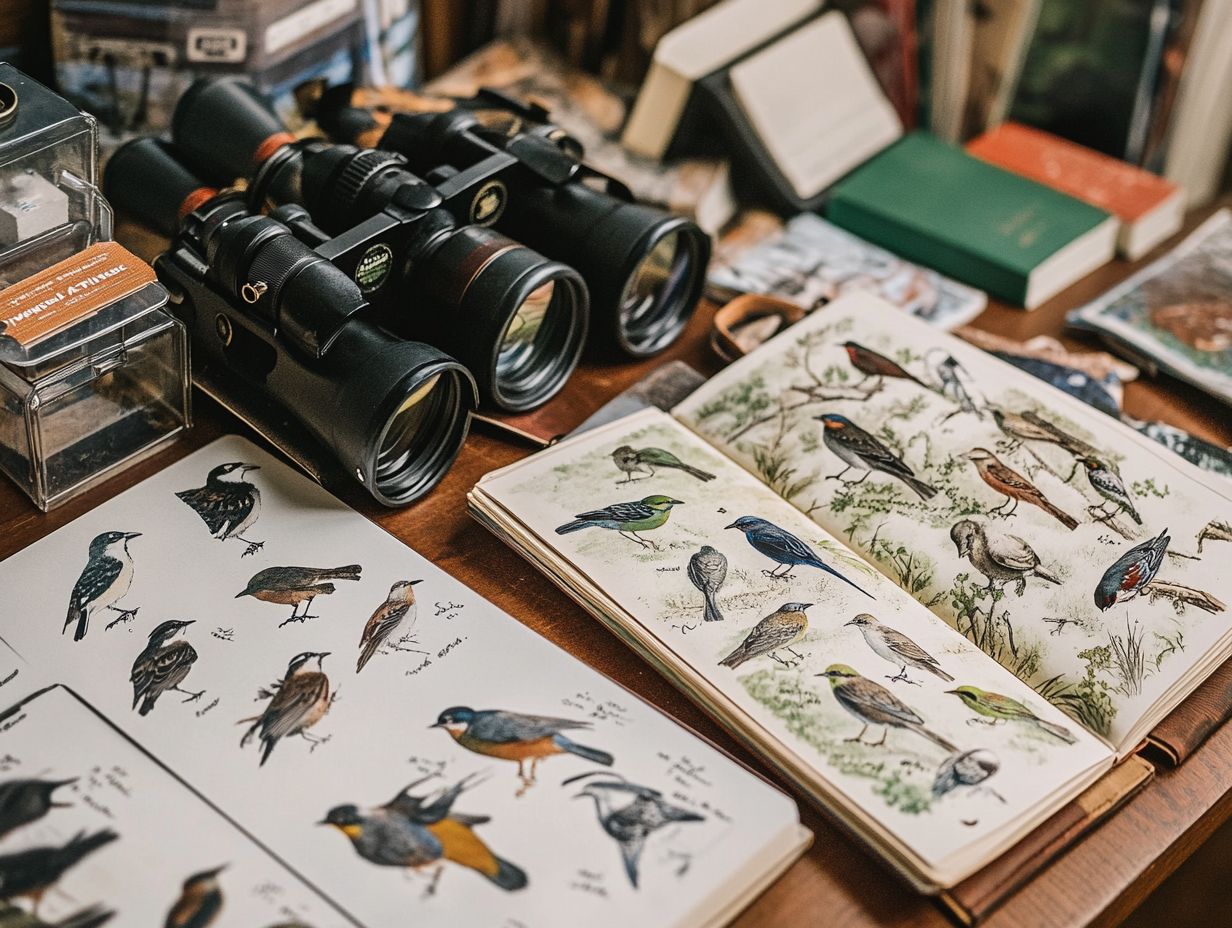 A selection of must-have field guides for identifying birds in the eastern United States.