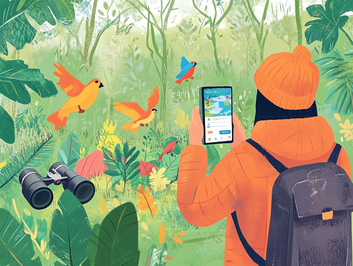 An infographic illustrating frequently asked questions about birdwatching apps.