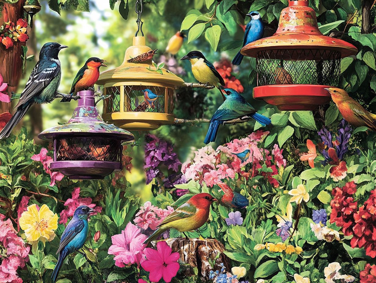 A variety of bird feeders to attract different species.