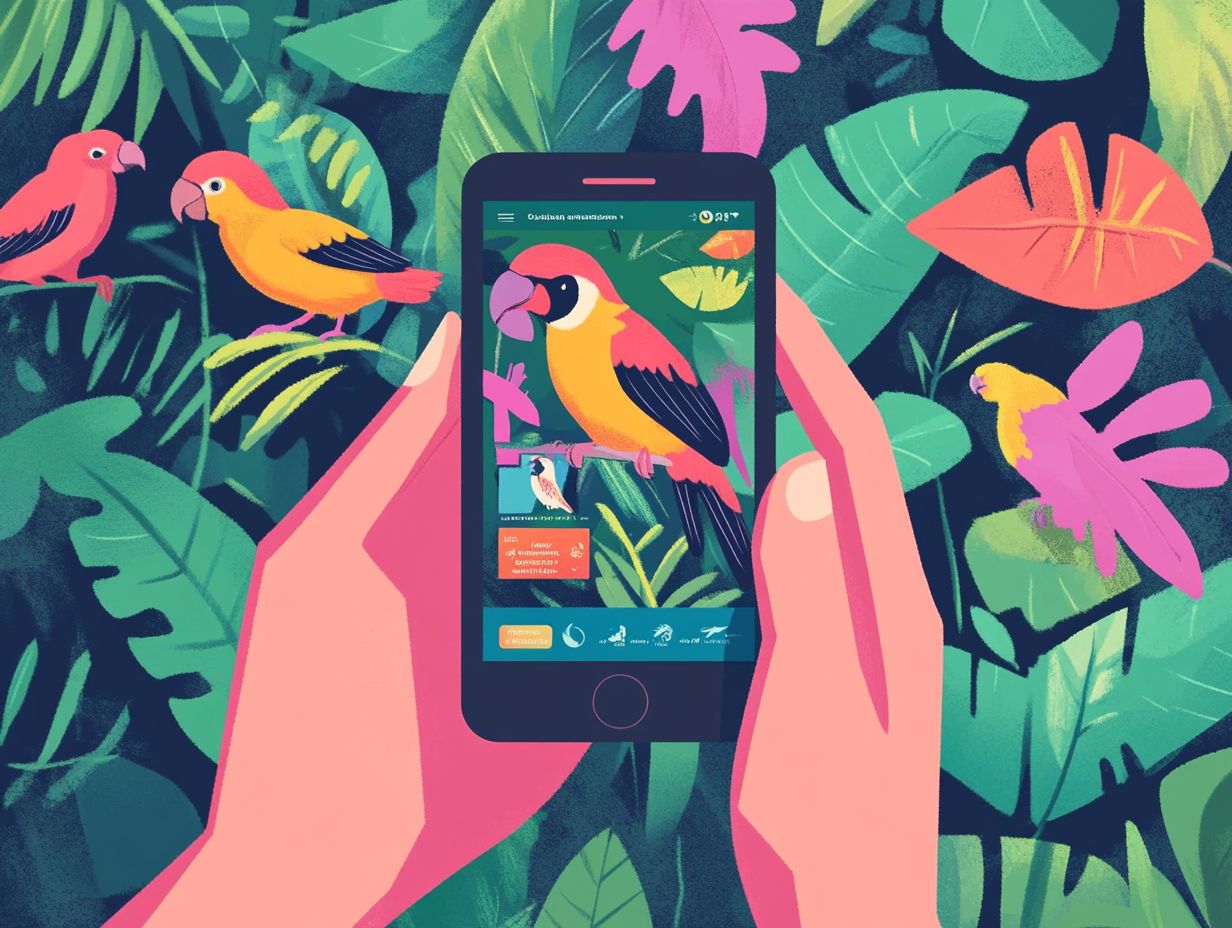 A collage of bird watching apps showcasing their features.