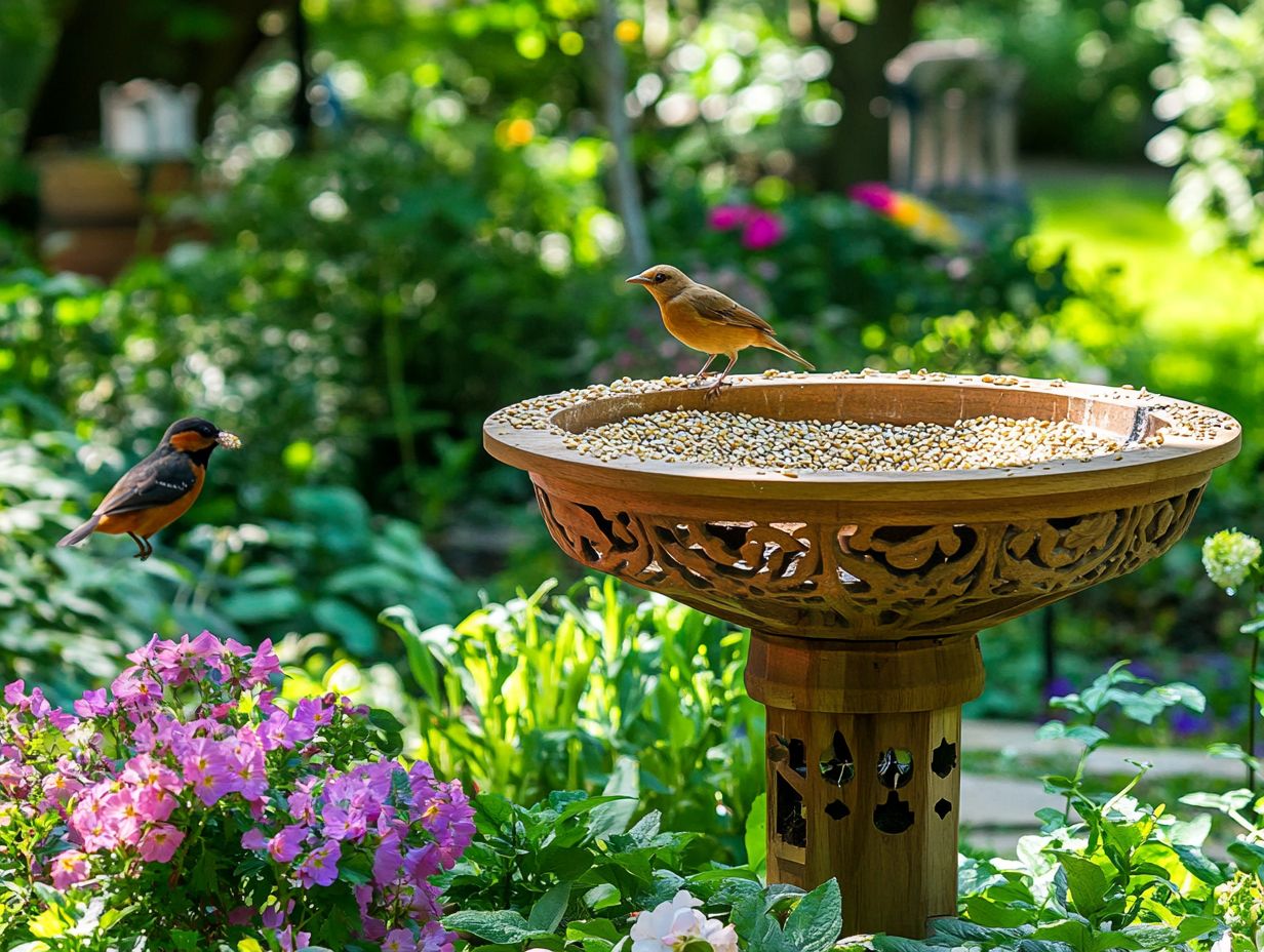 A variety of bird feeders and baths designed for attracting wild birds.