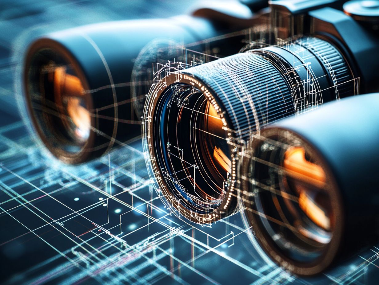 Illustration showing the mechanics of binoculars and how they magnify distant objects.