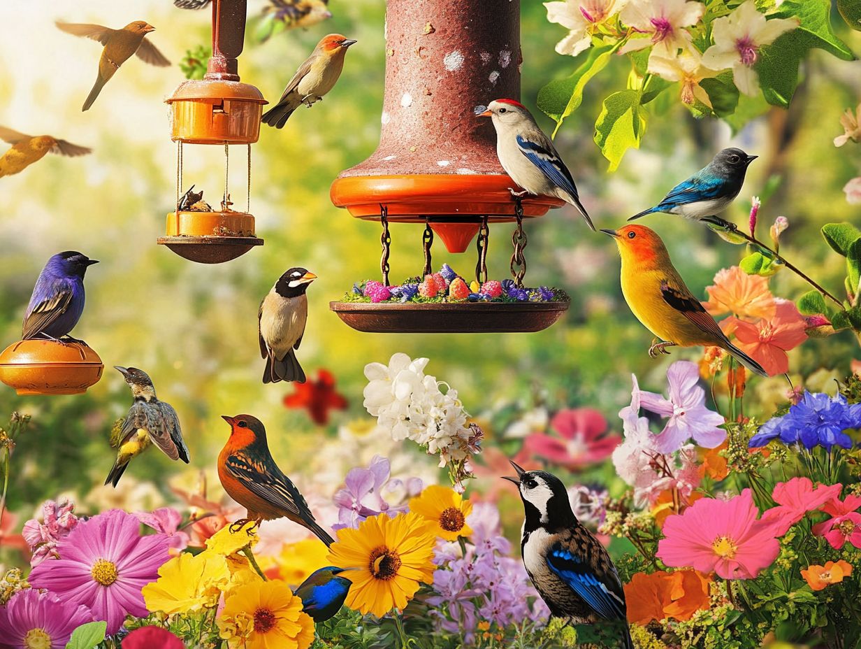 A variety of suet feeders attracting different bird species