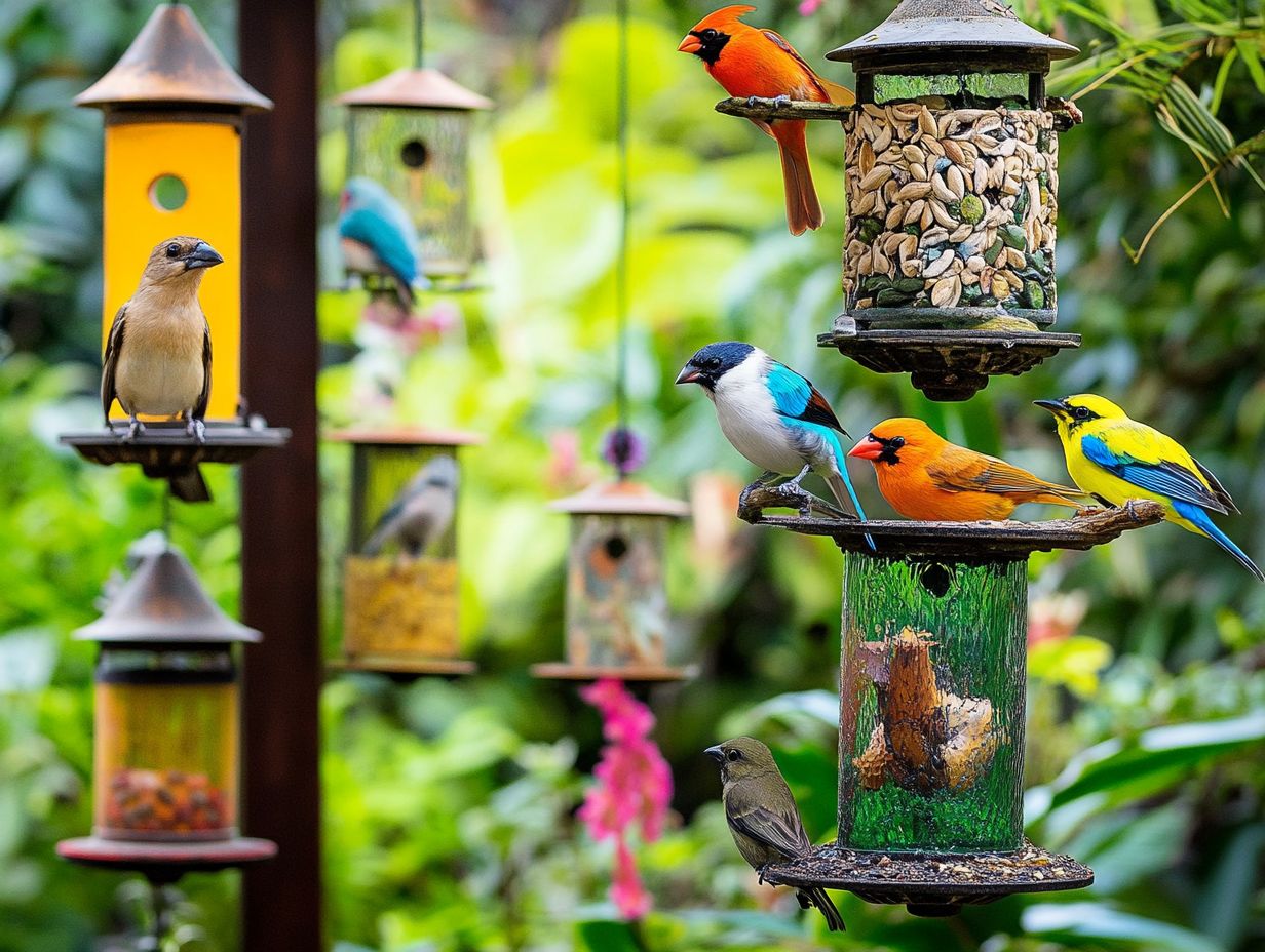 A variety of birds feeding at different bird feeders