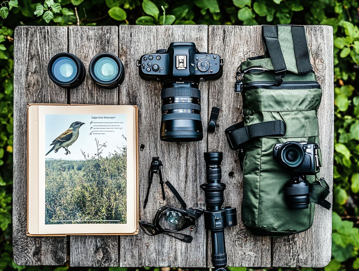 Top 5 essential gear for birdwatching photography including DSLR camera and telephoto lens.