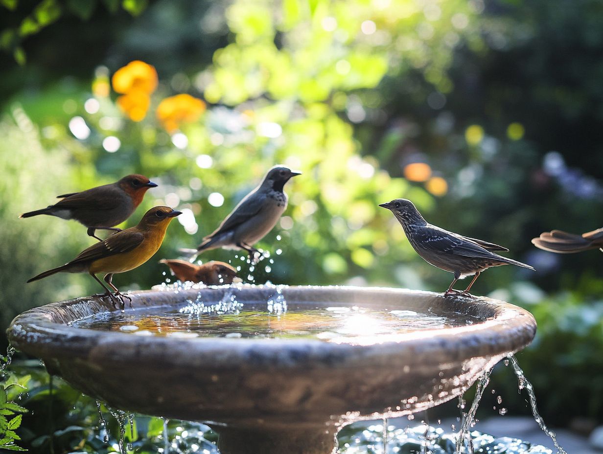 Birds enjoying a bird bath with varied depths