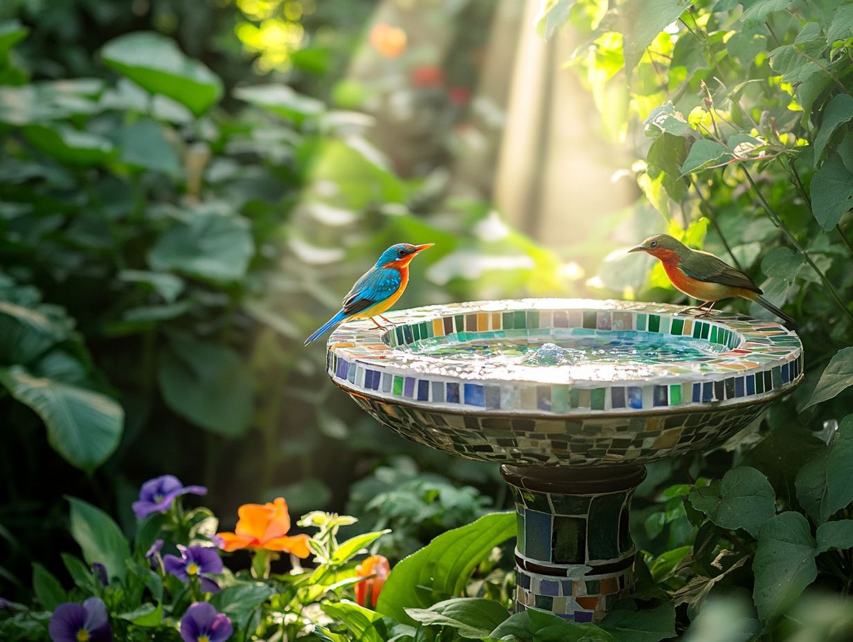 Colorful bird bath fountain in a serene garden setting