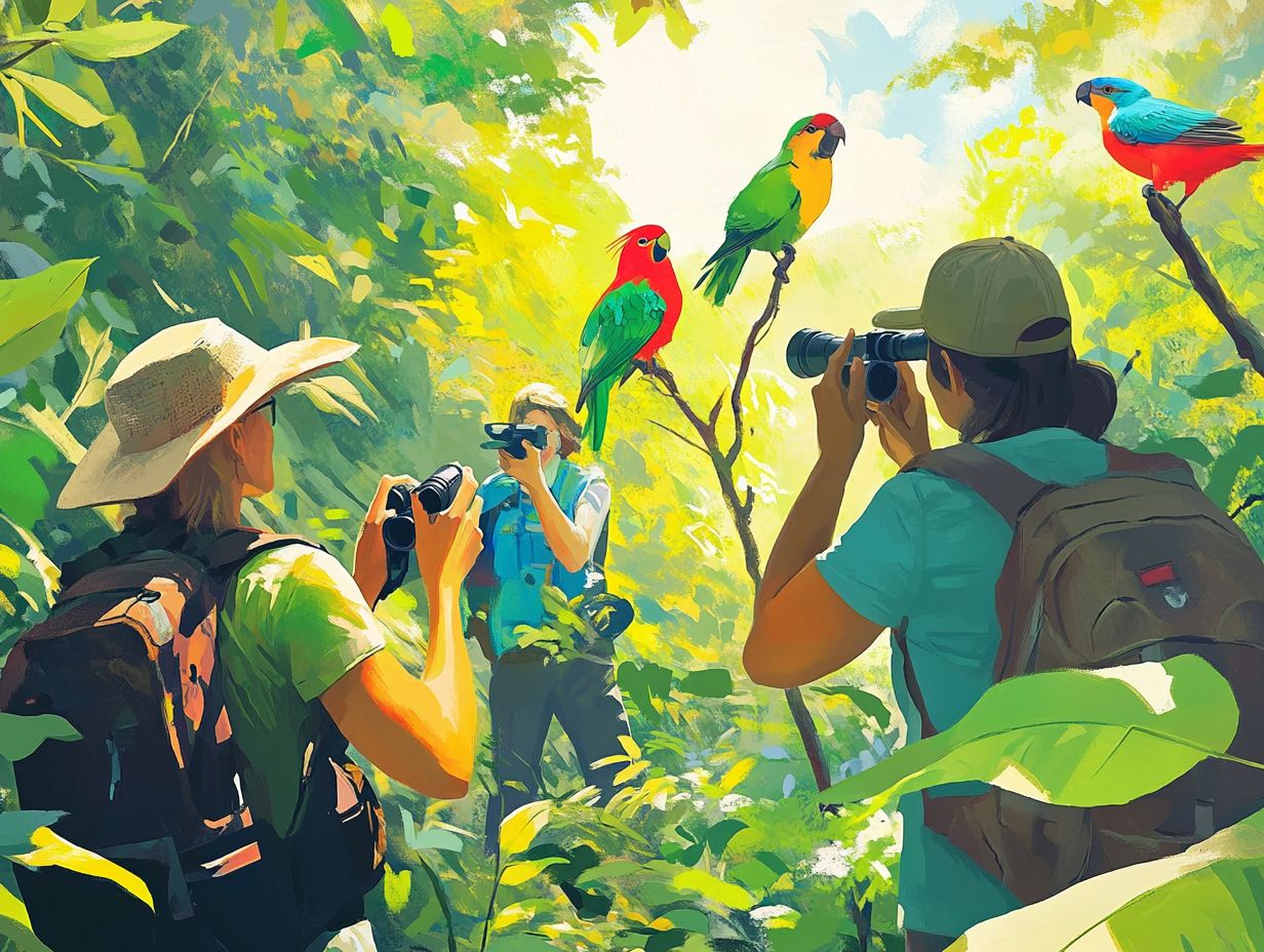 A scenic view of birdwatchers observing birds in a vibrant forest setting