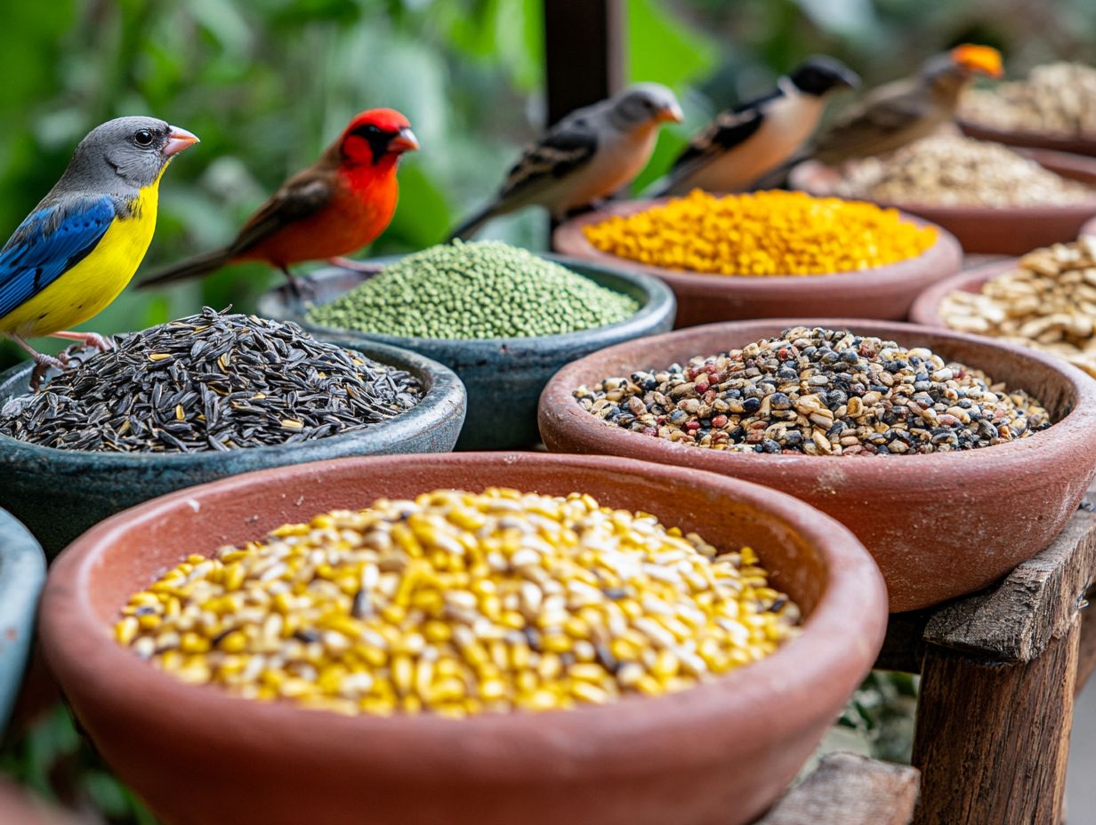 Different types of bird feed including seed mixes, suet, mealworms, fruit, nuts, and nectar