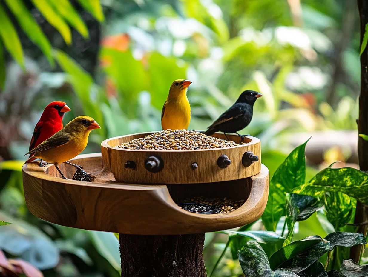 Colorful bird feeders attracting various bird species