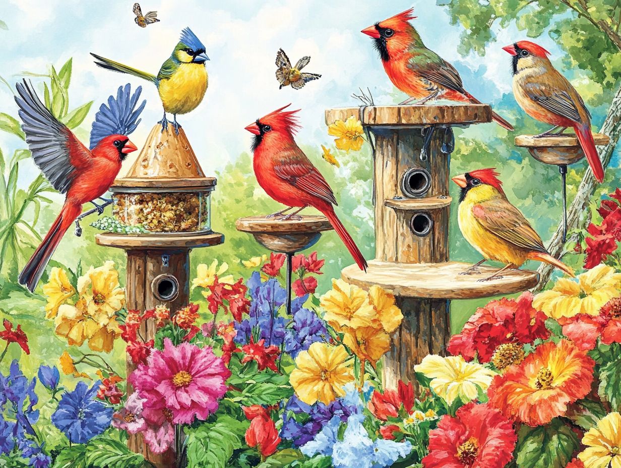 Colorful bird feeder attracting various bird species