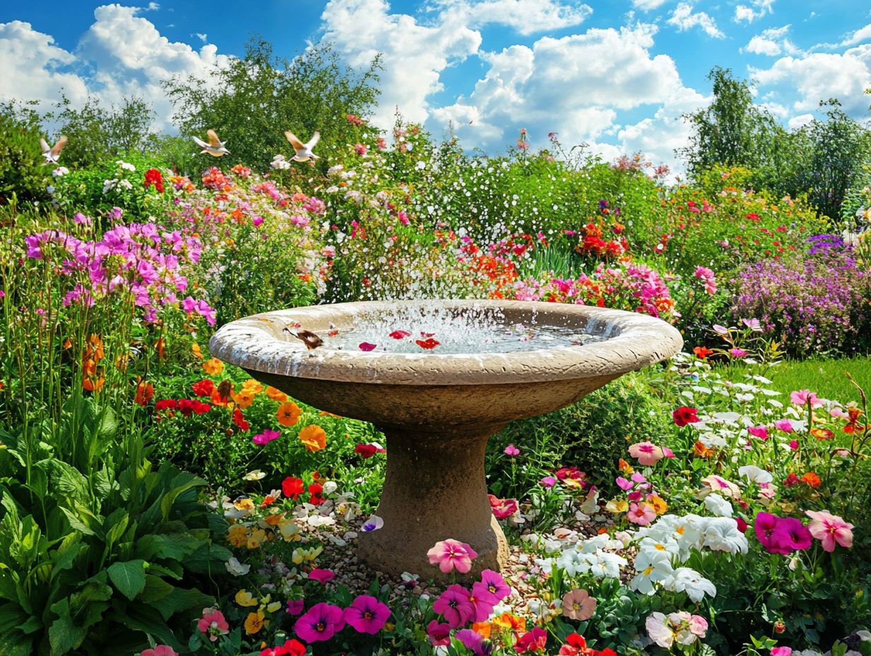 A variety of bird baths in a garden setting.